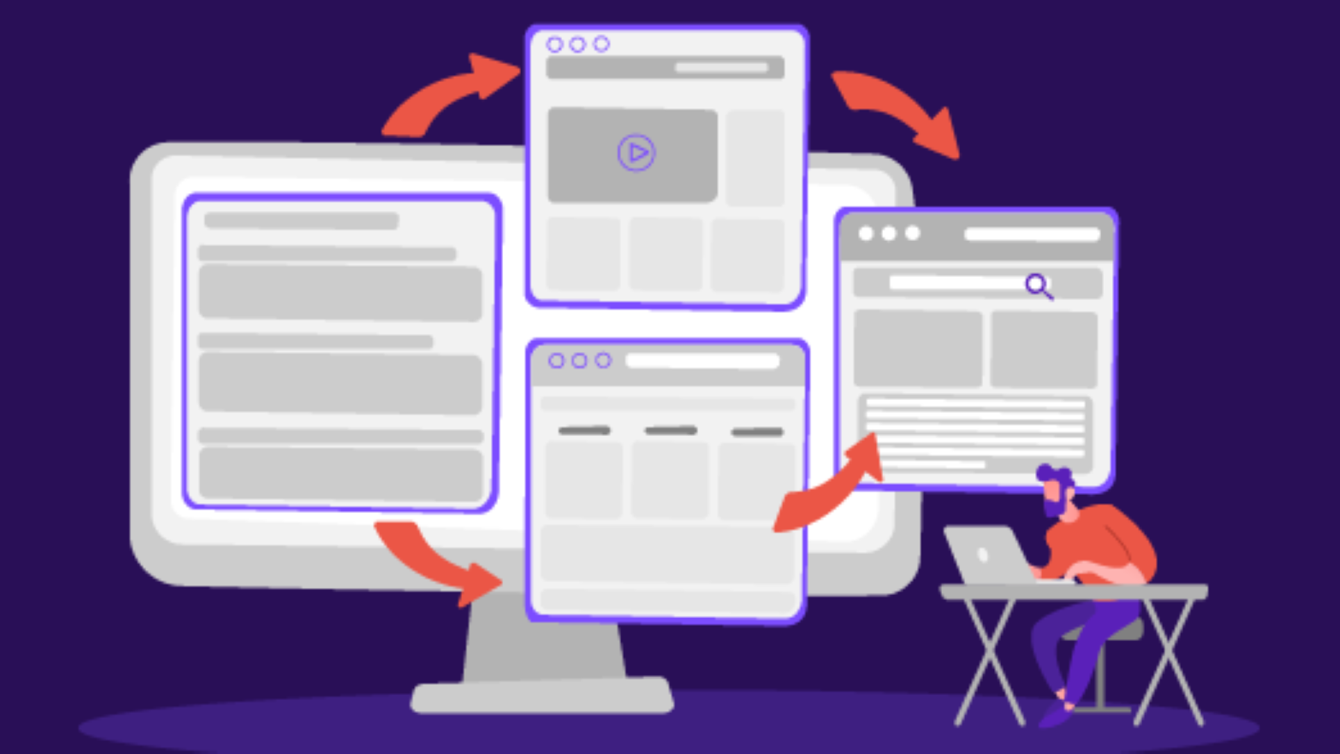 Illustration showing a man at a laptop in front of an enlarged illustration of a content experience framework.