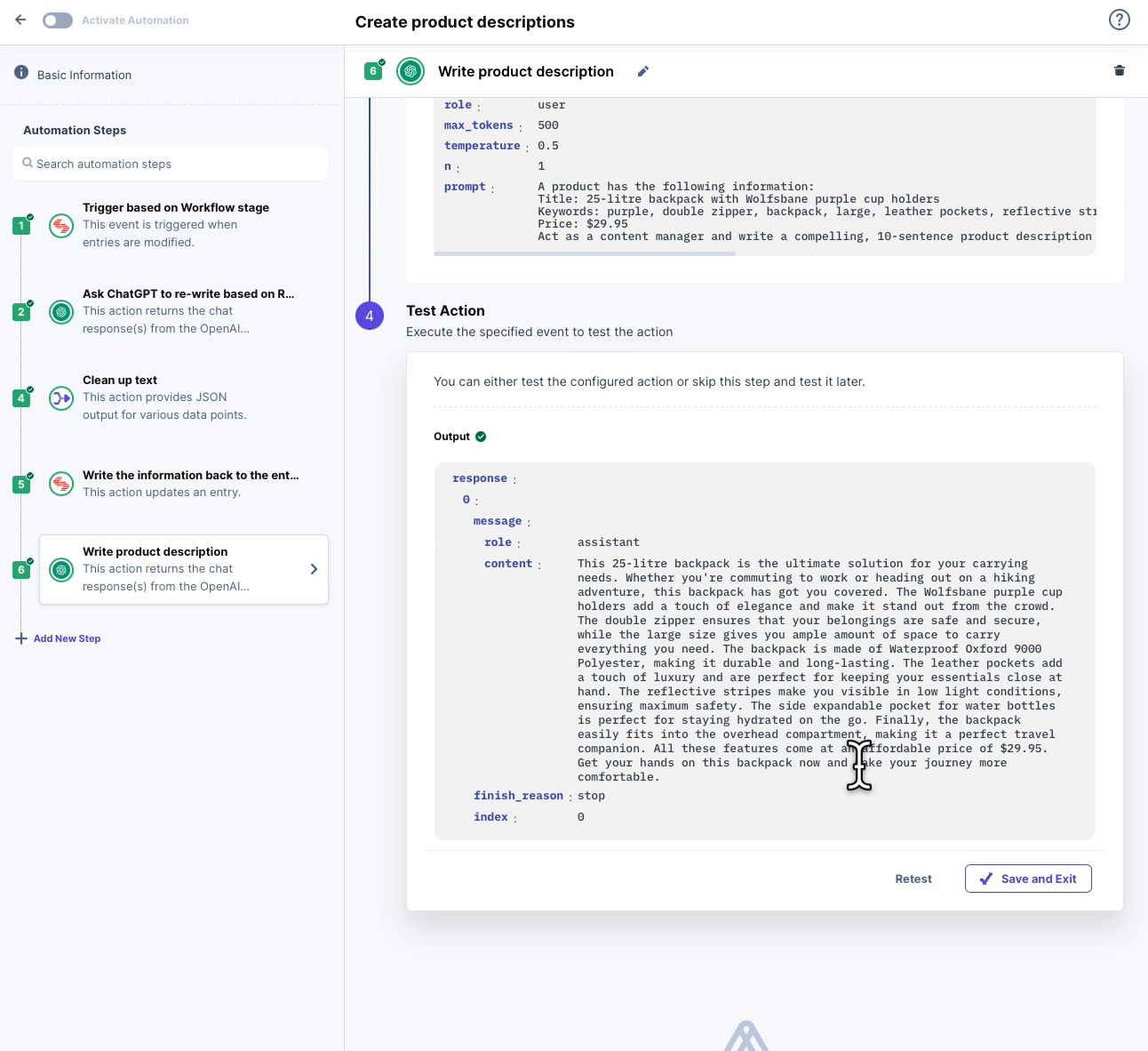 Screenshot for crafting engaging product descriptions using the ChatGPT connector in Contentstack Automation Hub.