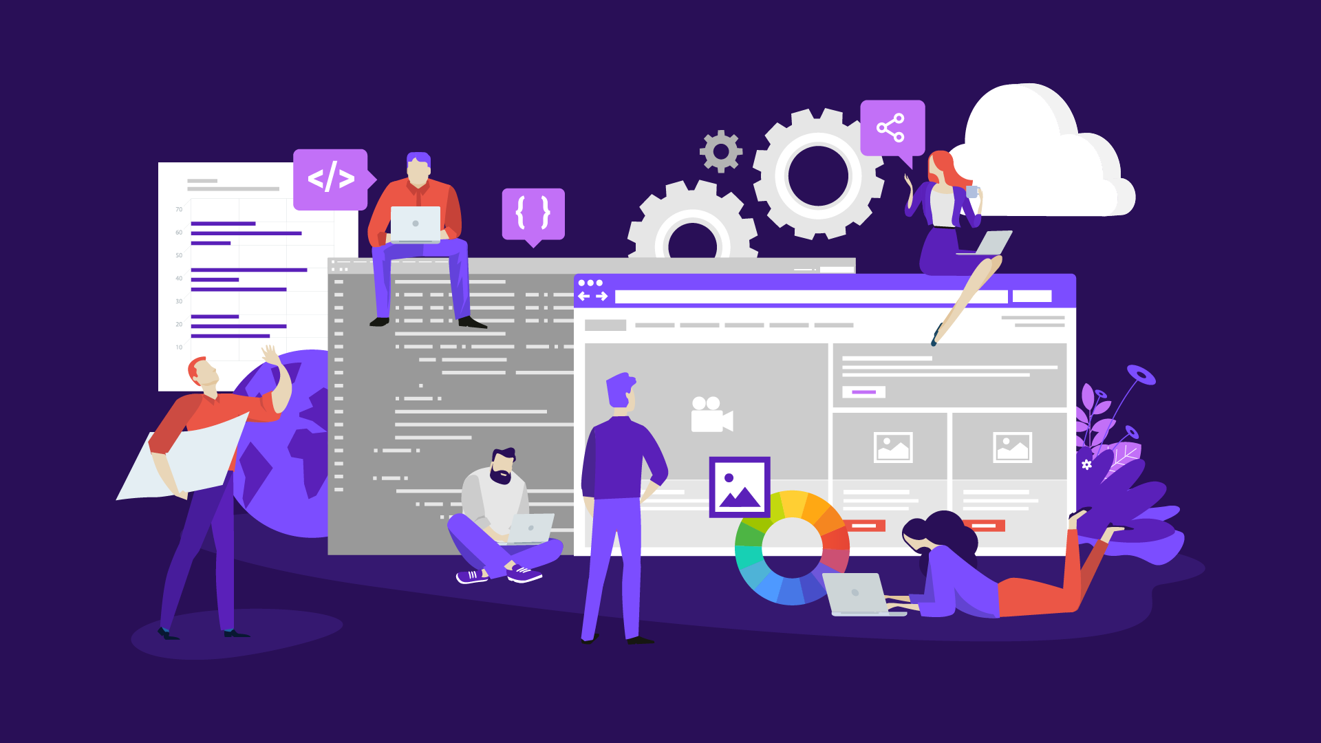 Illustration showing a team using a content management workflow to create content in a CMS.