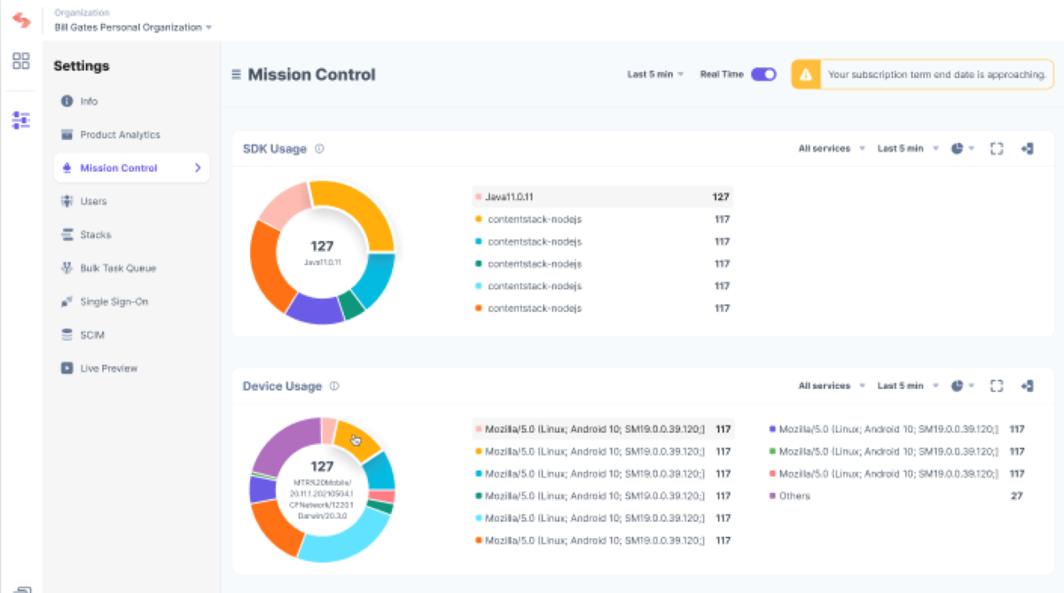 Screenshot showing the dashboard of Contentstack Mission Control.