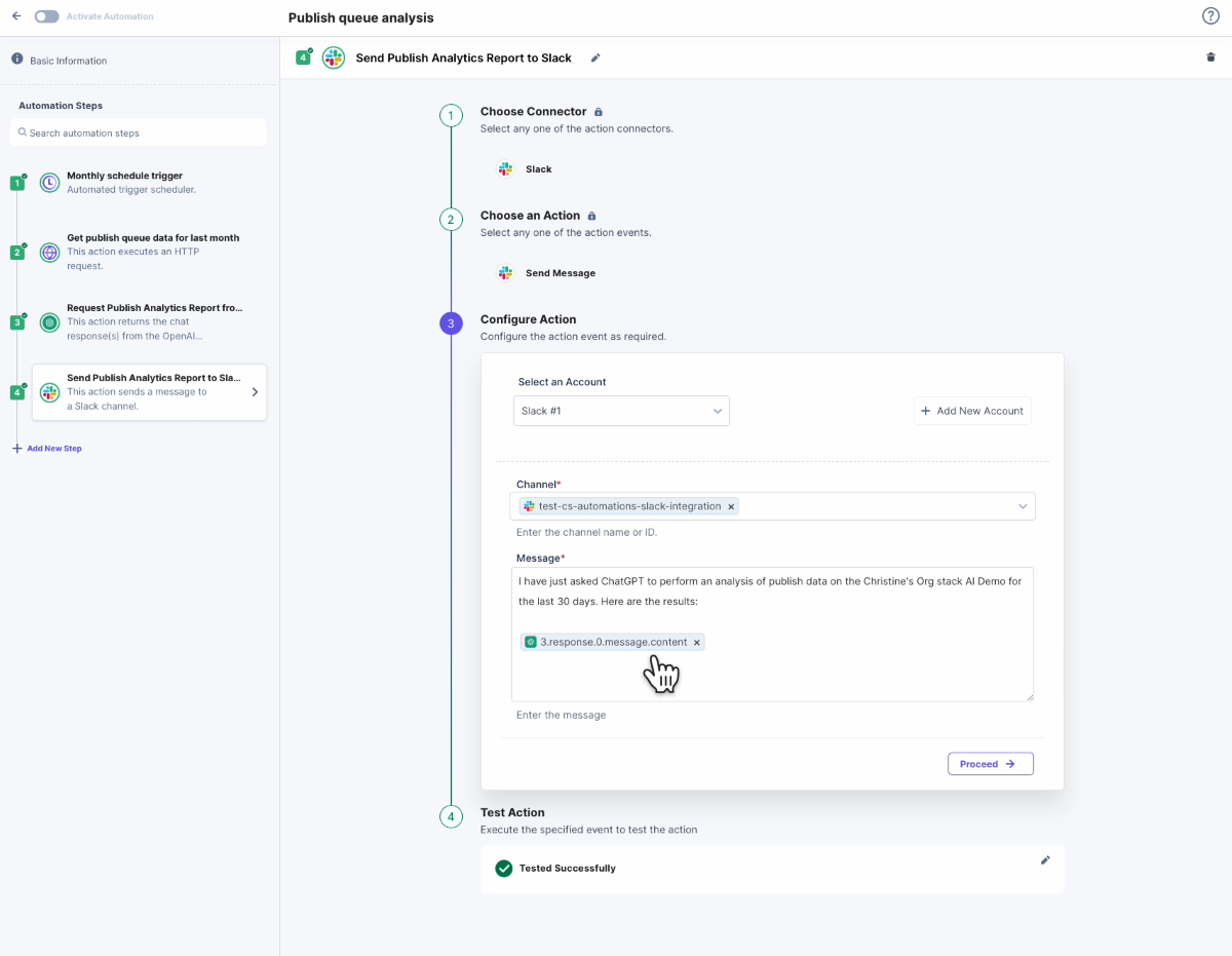 Screenshot for streamlining business analysis with ChatGTP in Contentstack Automation Hub