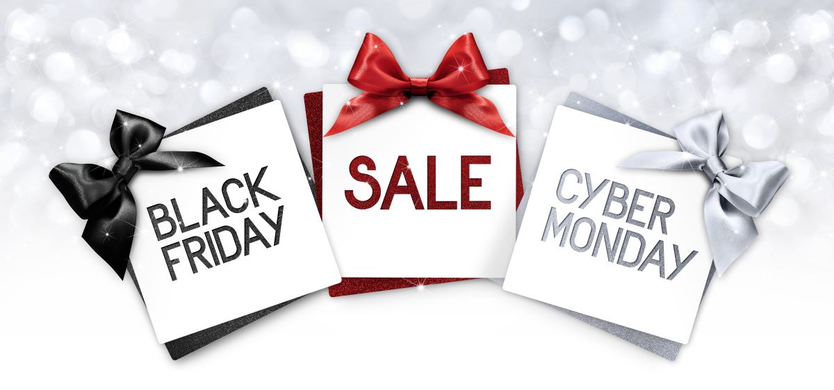 Illustration showing sale signs for Black Friday and Cyber Monday.