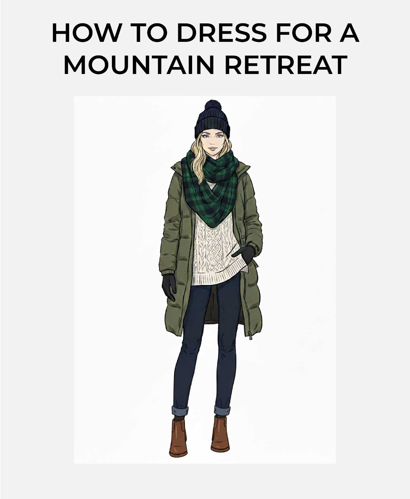 Winter travel outfit idea for a mountain retreat 