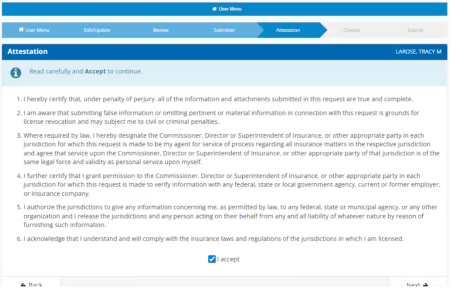 image of the Contact Change request Attestation page.