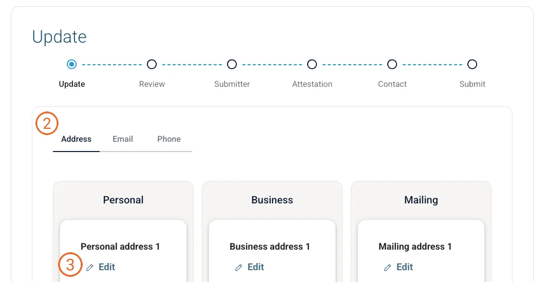 Screenshot of the Change Contact Information workflow with a set of tabs across the top of the screen including Address, Email, and Phone. The Address tab is selected, and a set of editbable contact cards appear below for personal, business, and mailing addresses.