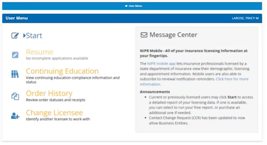 image of the User Menu screen.