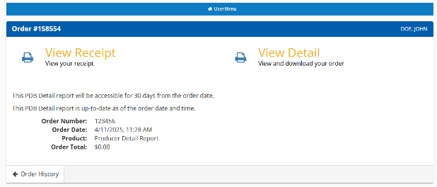 image of the transaction confirmation for a detail report.