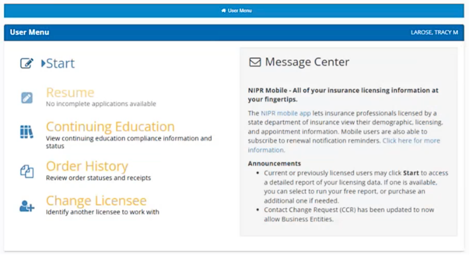 image of the User Menu screen.