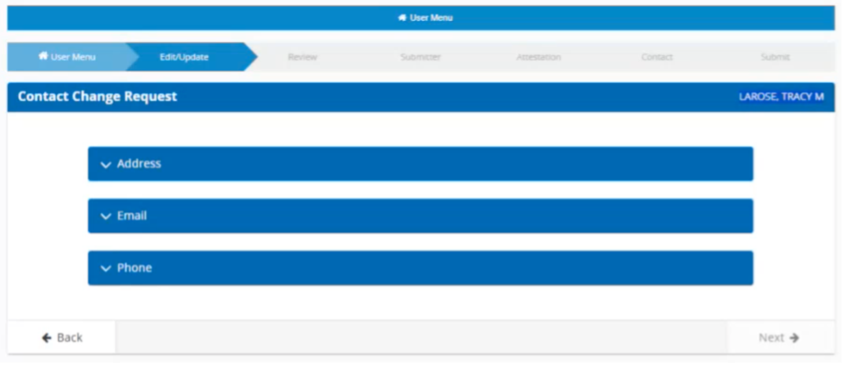 image of the Contact Change request edit screen.