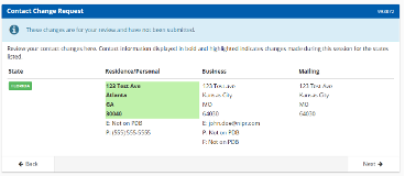  image of the Contact Change request review screen.