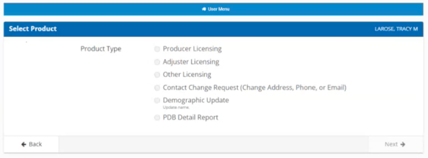 image of the Select Product Type screen.
