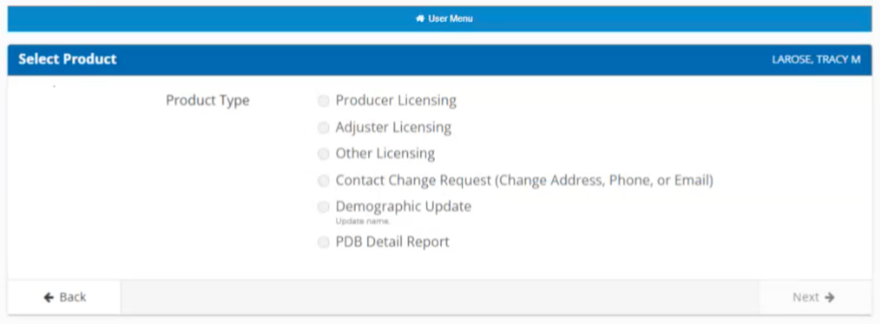 image of the Select Product Type screen.