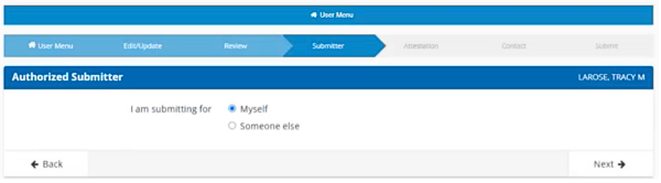image of the Contact Change request authorized submitter page.