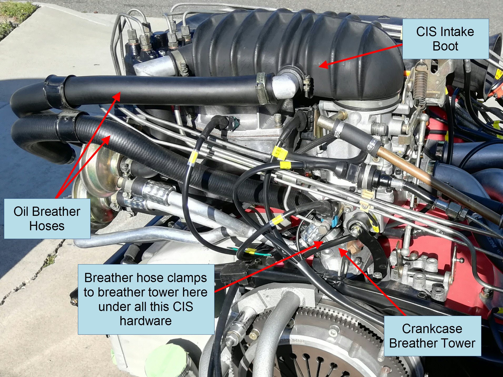 Air-cooled Porsche 911 CIS and crankcase breather location.