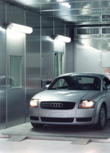 New cars are put in a room for emissions testing with the engine off to check for EVAP leaks