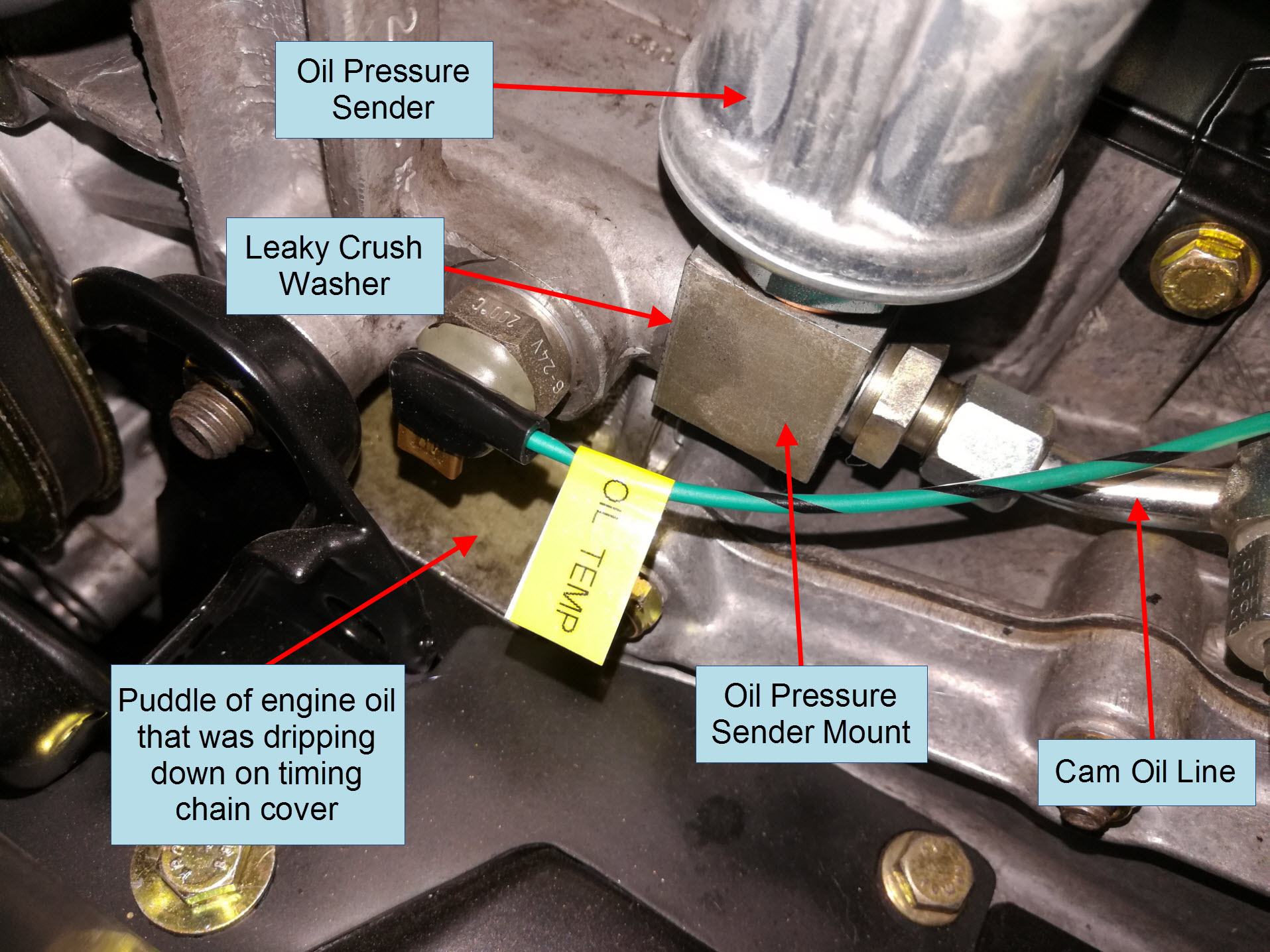Air-cooled Porsche 911 oil pressure sender leak.