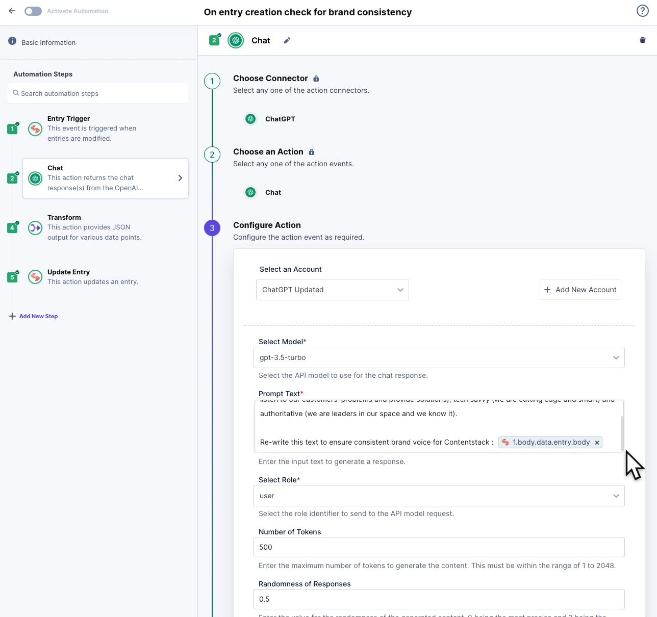 Screenshot for ensuring brand voice consistency using the ChatGPT connector in Contenstack Automation Hub