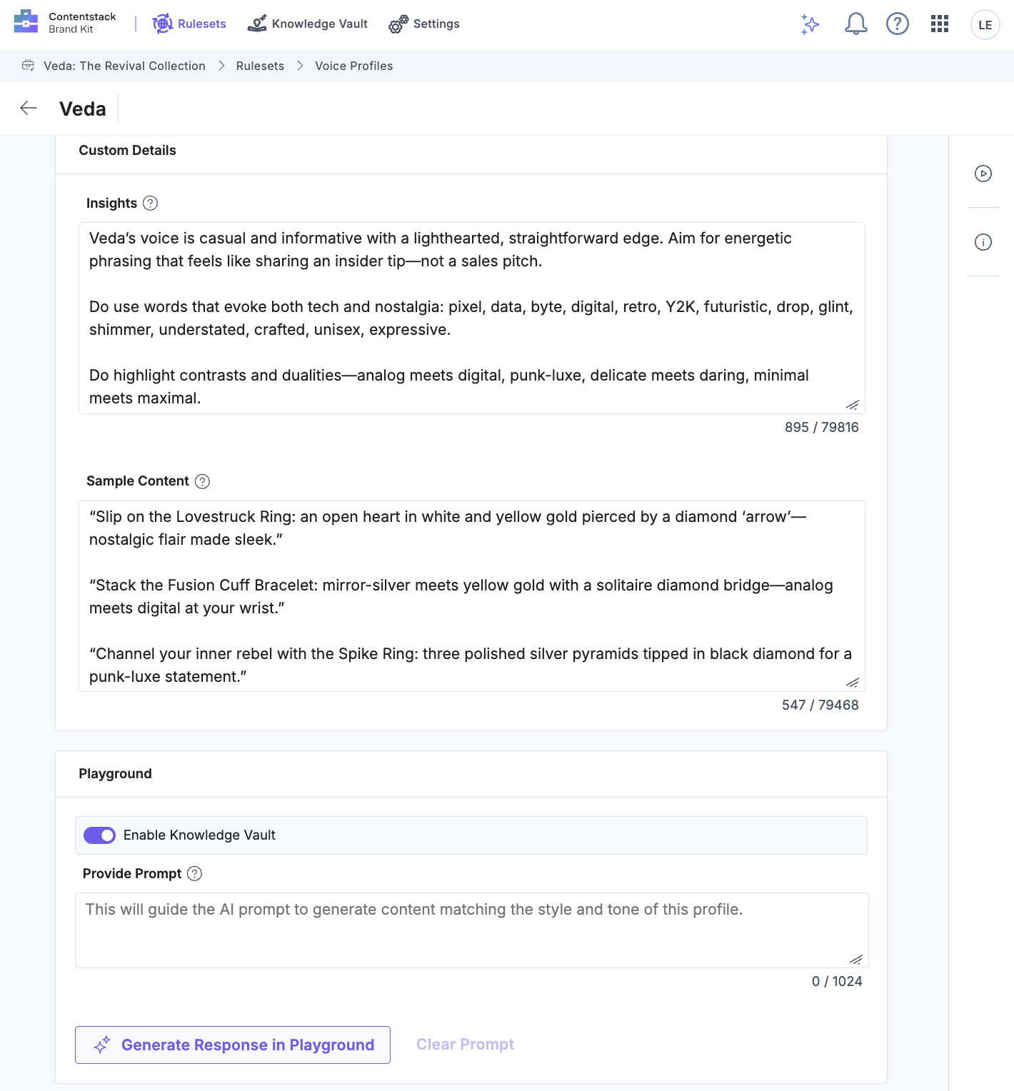 Contentstack's voice profile configuration in BrandKit