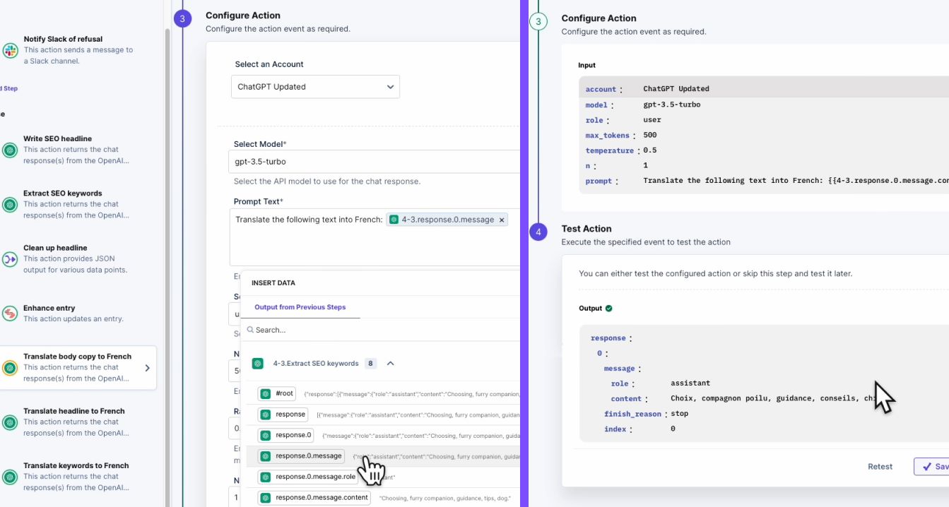 Screenshot for simplifying language translation using the ChatGPT connector in Contentstack Automation Hub.