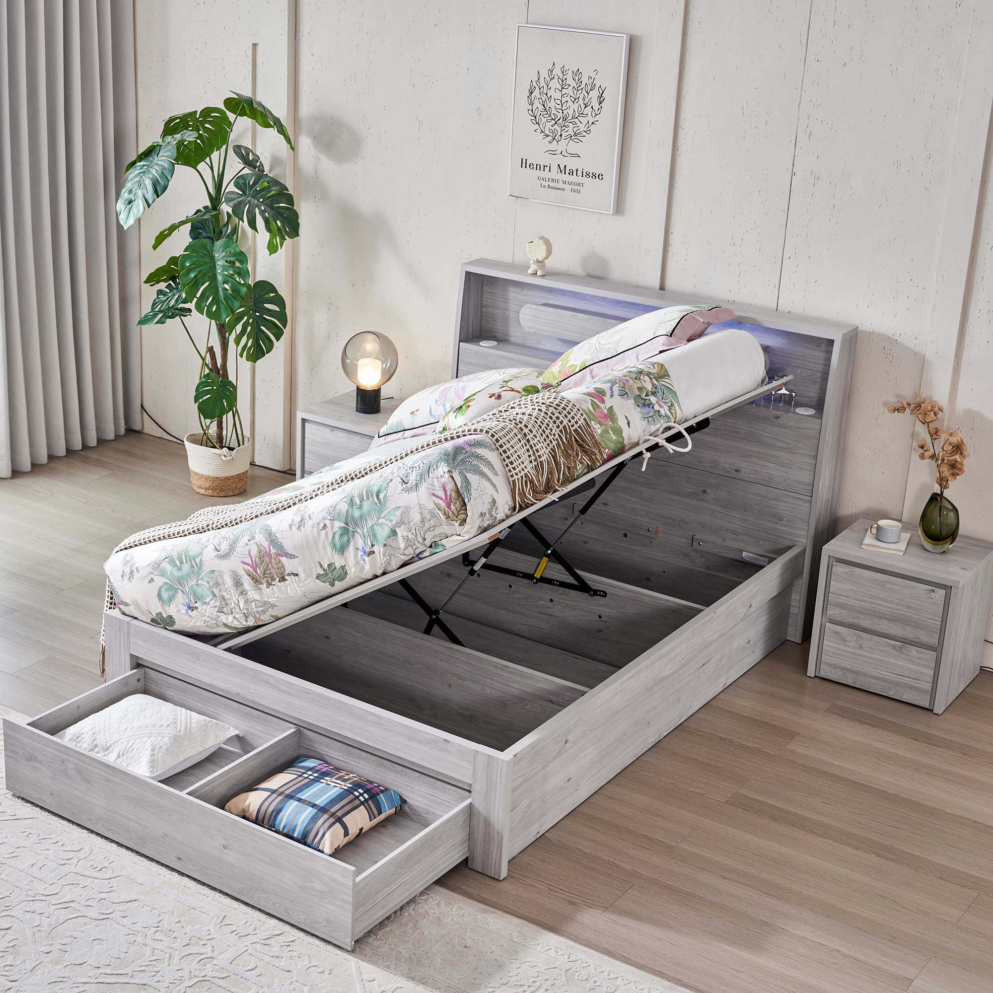 Nova Double Bed Frame W Side Board Lift End Storage Drawer Stone Oak Forty Winks