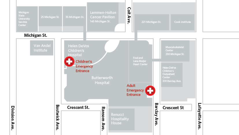 map of location of children's emergency room and adult emergency room at butterworth hospital