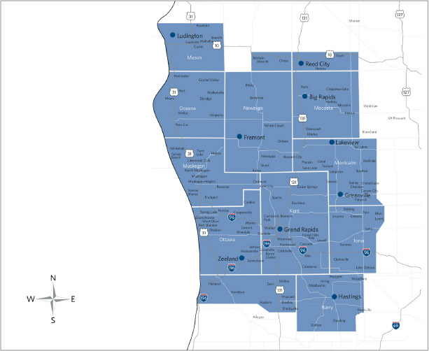 Map of service area, including Kent, Ottawa, Muskegon, Oceana, Newaygo, Mecosta, Montcalm, Ionia, Barry counties, and borders of the counties around them.