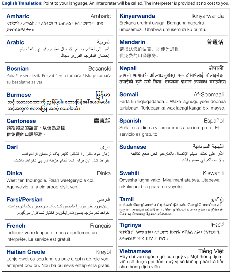 List of languages supported by interpreters in each native language.