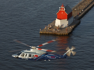 Helicopter over a pier