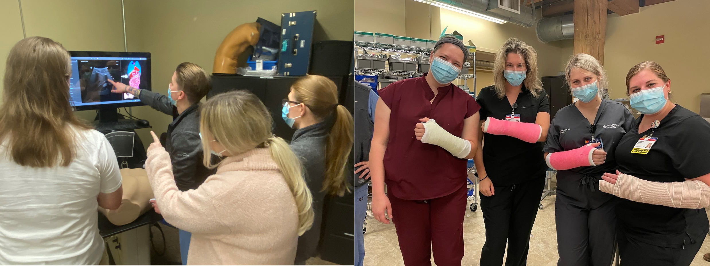 Two photos of residents learning to cast and in a sim lab