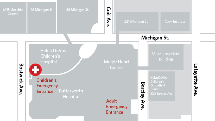 map of helen devos children's hospital emergency department location