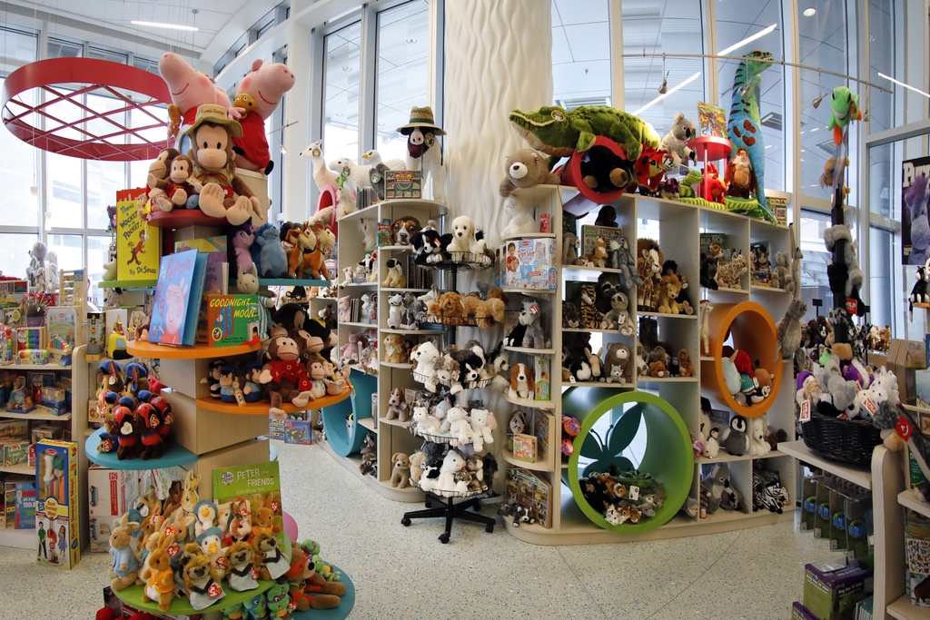 Stuffed animals on display in store