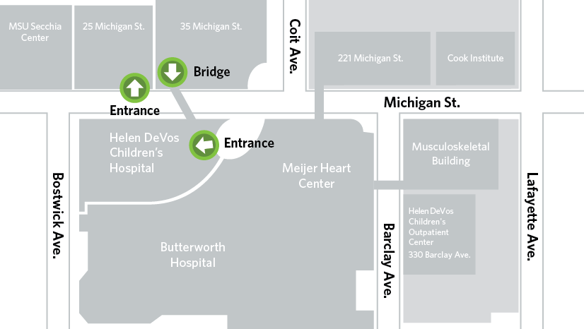 map of entrances to helen devos children's hospital