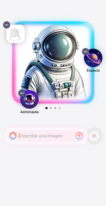 Image Playground muestra la imagen estilizada de un astronauta y sugerencias de más elementos para agregar a la imagen