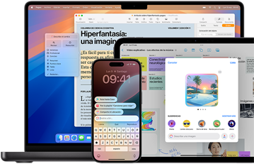 Un iPhone, un iPad y una MacBook muestran nuevas funcionalidades en la pantalla, como Herramientas de Escritura en la MacBook, Image Playground en el iPad y nuevas funcionalidades de Siri en el iPhone