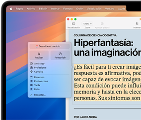 Se muestran las Herramientas de Escritura en la pantalla, con un campo de texto que te permite ingresar instrucciones para ayudarte a comenzar, revisar y reescribir, además de elegir diferentes tonos de voz en la escritura
