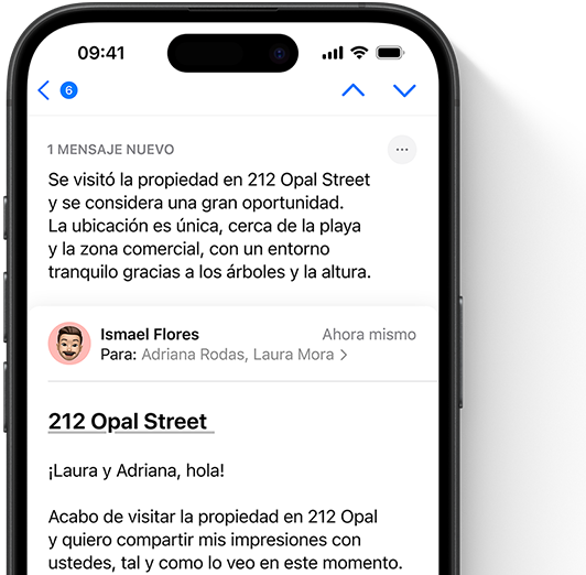 Un email en la app Mail con su correspondiente resumen en la parte superior