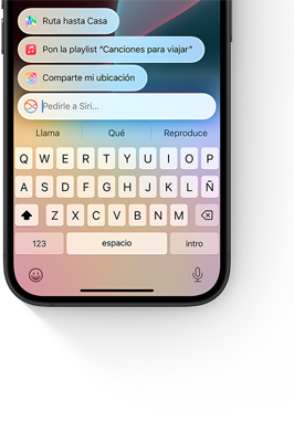 Un campo de texto en la parte superior del teclado de un iPhone dice: Pedirle a Siri