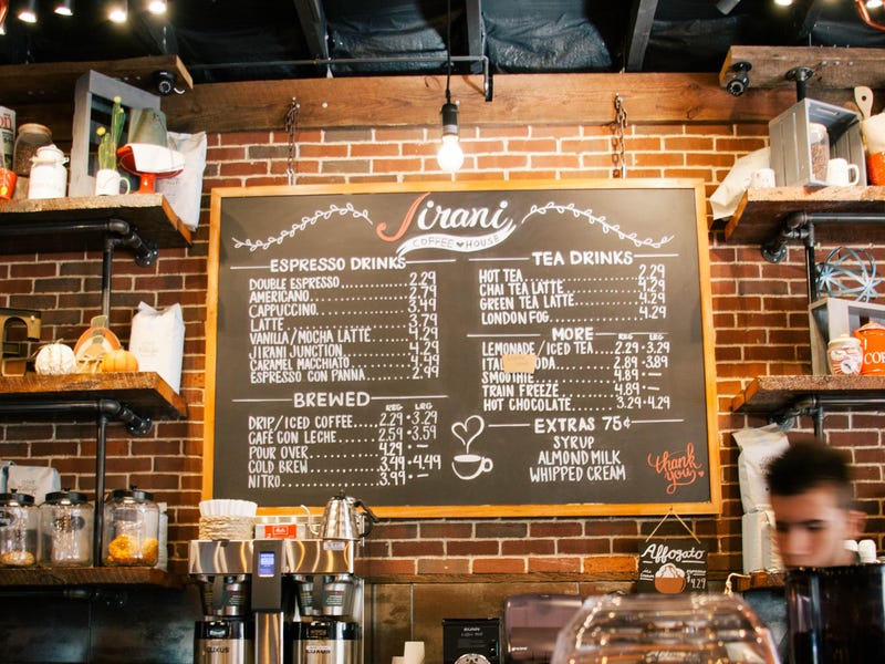 Café menu on the wall letting people know what they can order