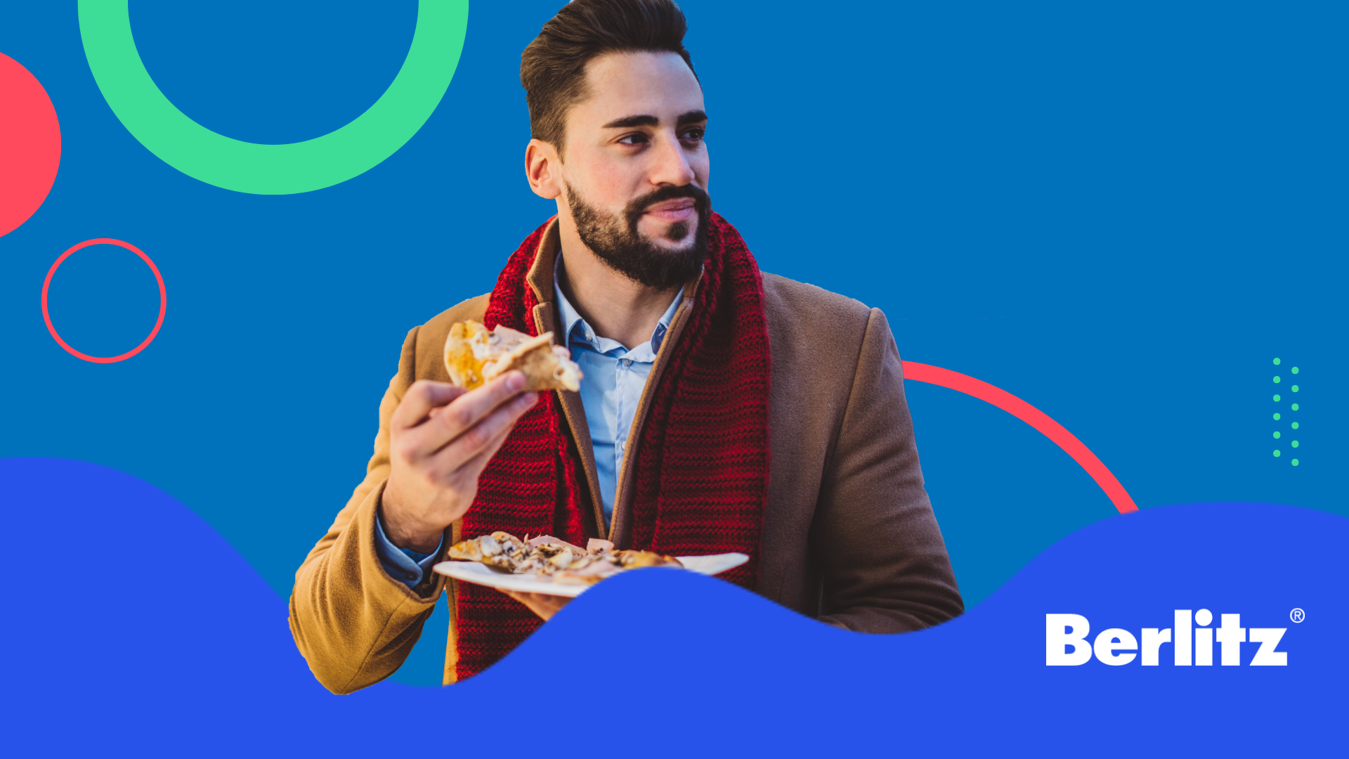 Man in a coat eating bacon and eggs