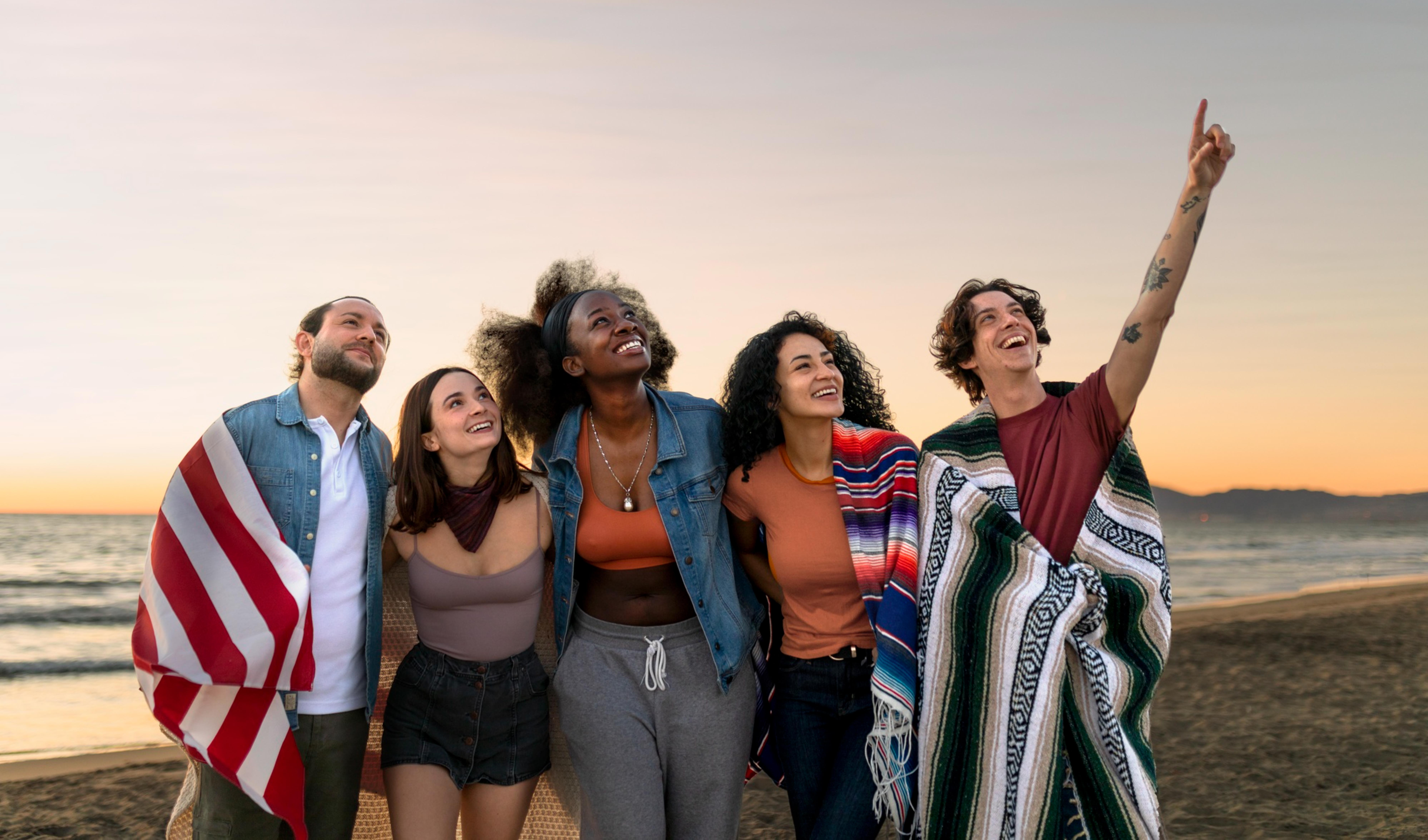 Friend group celebrating and hugging each other in the USA