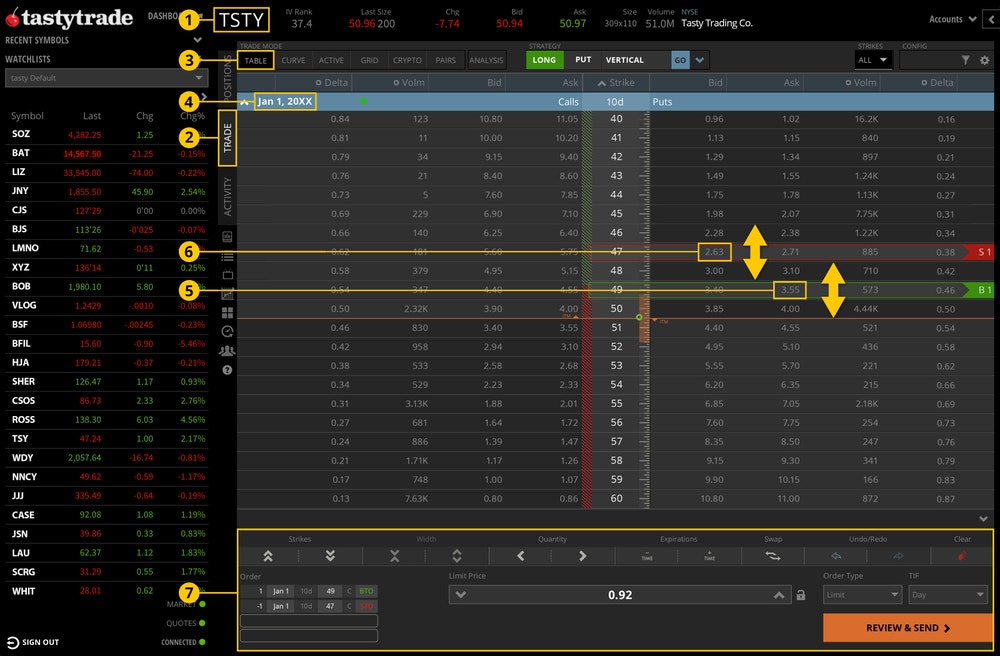 How to place a put vertical debit spread order on the tastytrade desktop platform manually