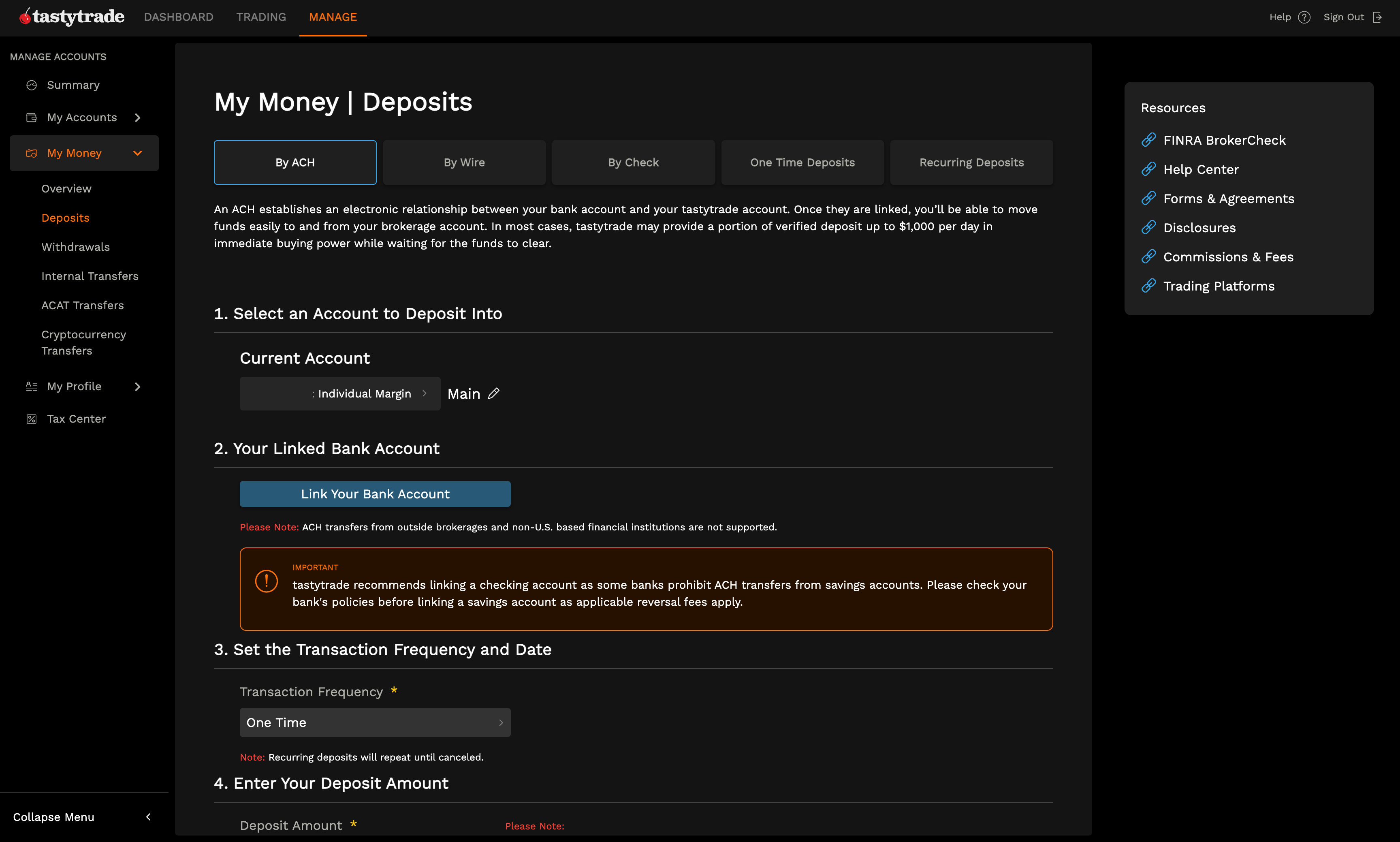 how to fund tastytrade account step 1