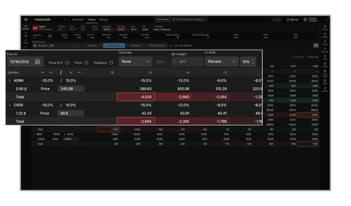 Risk analysis tool in the tastytrade platform