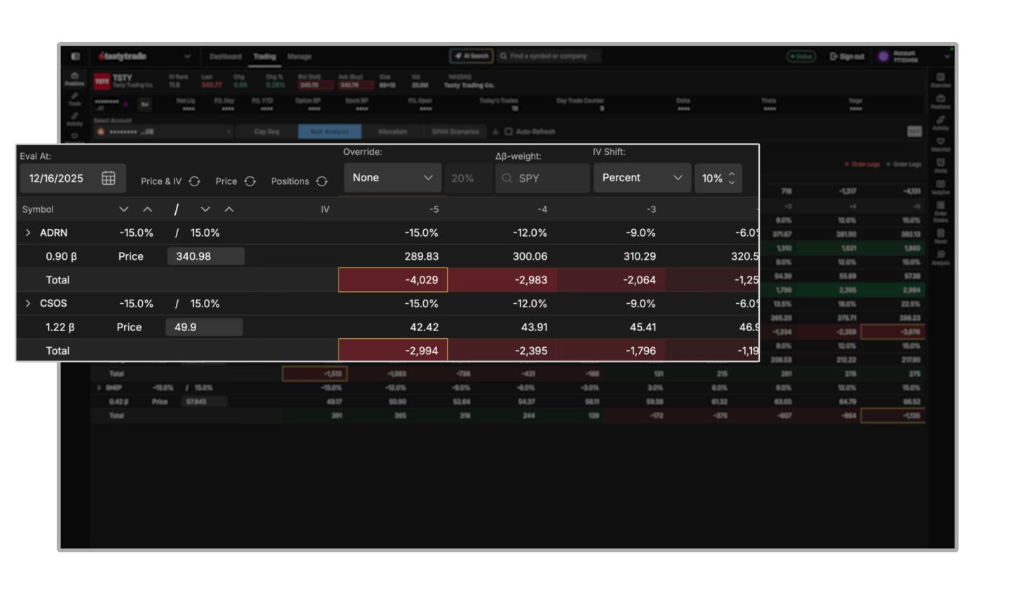Risk analysis tool in the tastytrade platform