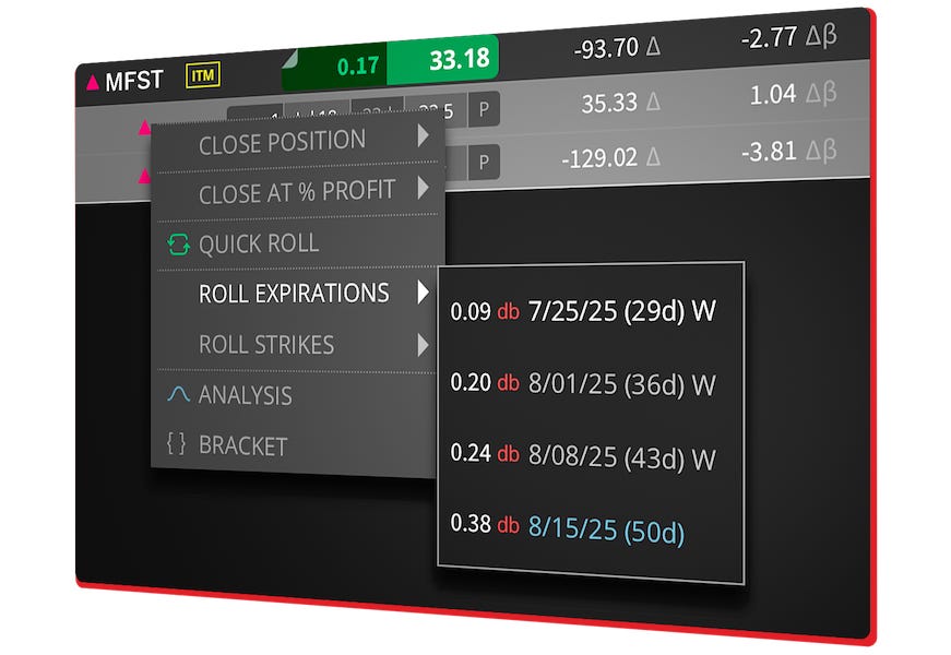 tastytrade platform showing quick roll