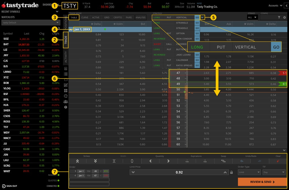 How to place a put vertical debit spread order on the tastytrade desktop platform using the Strategy Menu