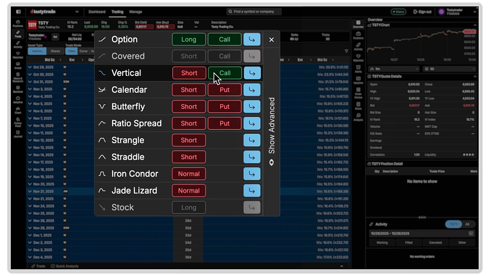 Strategy selector in the tastytrade platform