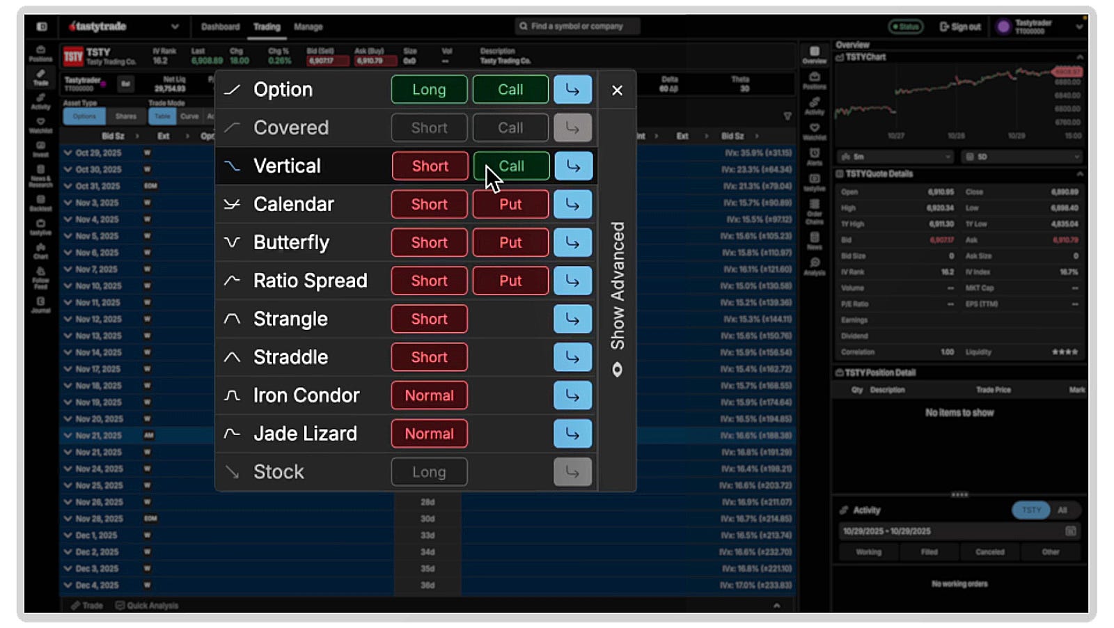 Strategy selector in the tastytrade platform