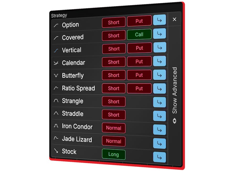 tastytrade platform showing the strategy selector