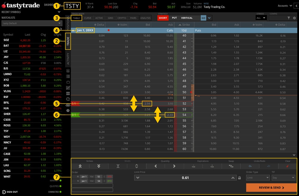How to place a short call vertical spread order on the tastytrade desktop platform manually